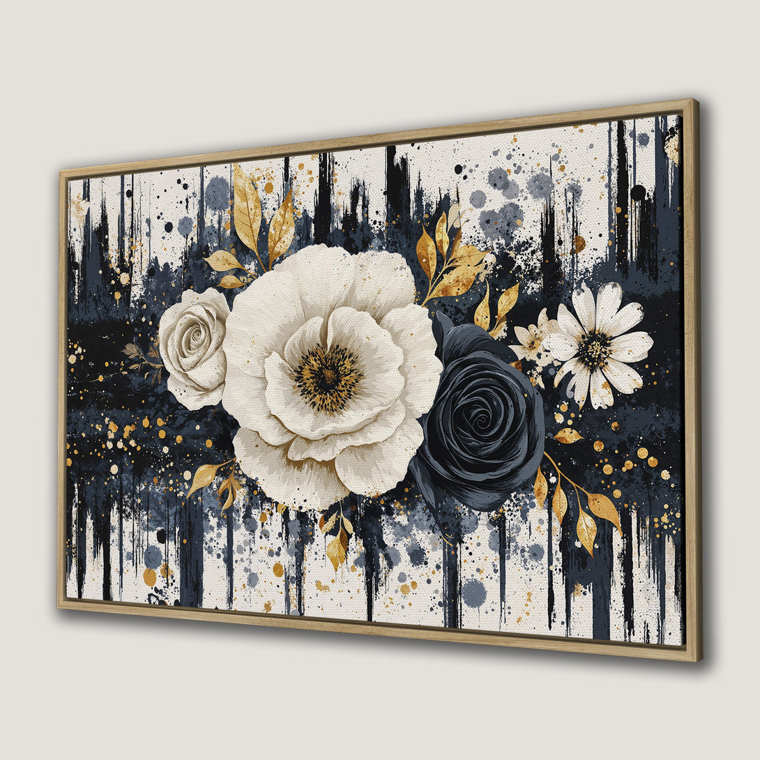 Framed Wall Art Canvas Print featuring floral watercolor art in navy, gold, and cream. Modern botanical design for home decor.