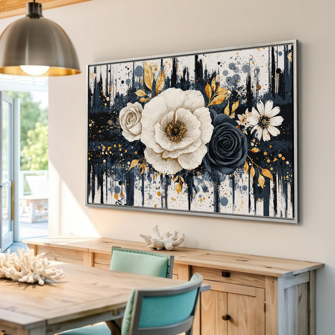 Framed Wall Art: Floral print in navy, gold, and cream. Modern abstract style canvas print adds elegance to any room. Shop now!