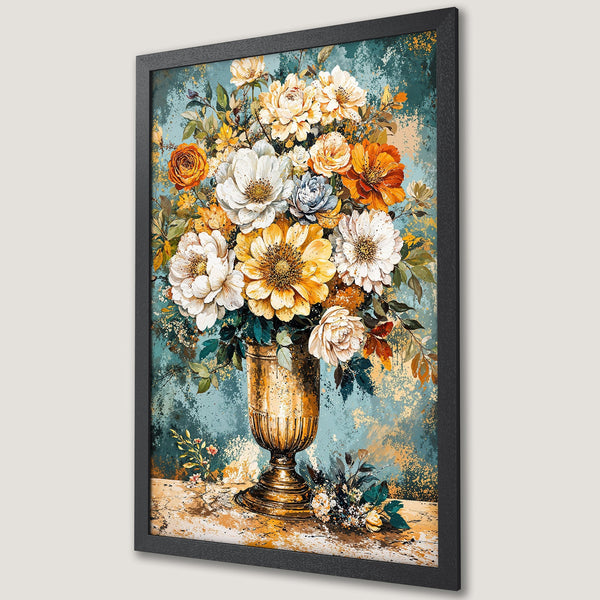 Framed Poster featuring a floral still life in a vibrant, painterly style with a teal, gold, and orange color palette.