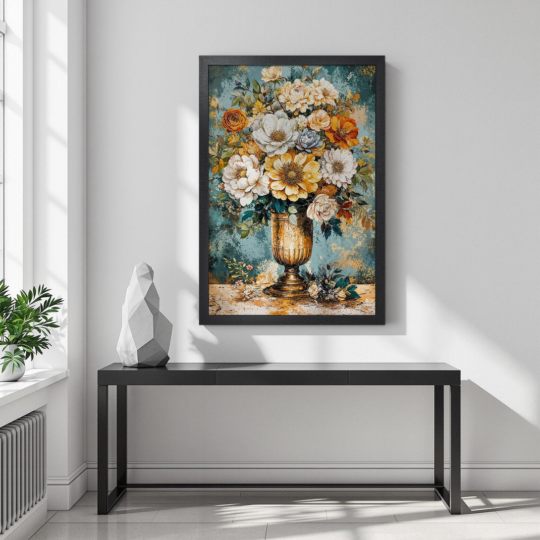 Framed Poster featuring a vibrant floral still life in a watercolor style with a teal, gold, and white color palette. Perfect wall art!