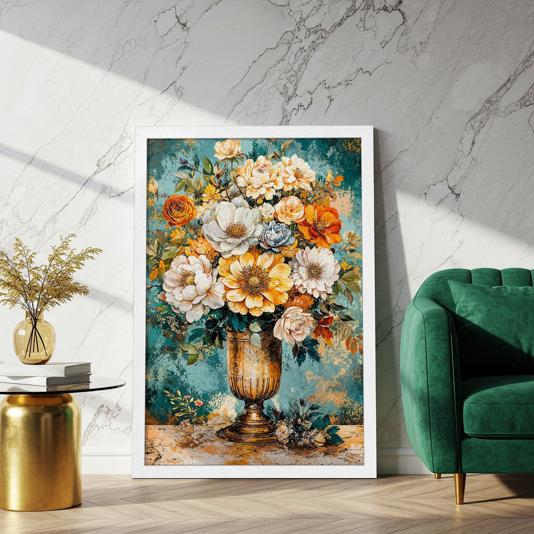 Framed Poster of vibrant floral bouquet art with teal, orange, and yellow hues. Perfect wall decor for a stylish home.