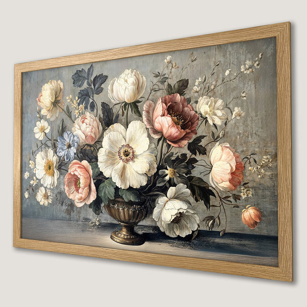 Framed Poster featuring a vintage floral still life with a muted color palette. Perfect wall art for any room.