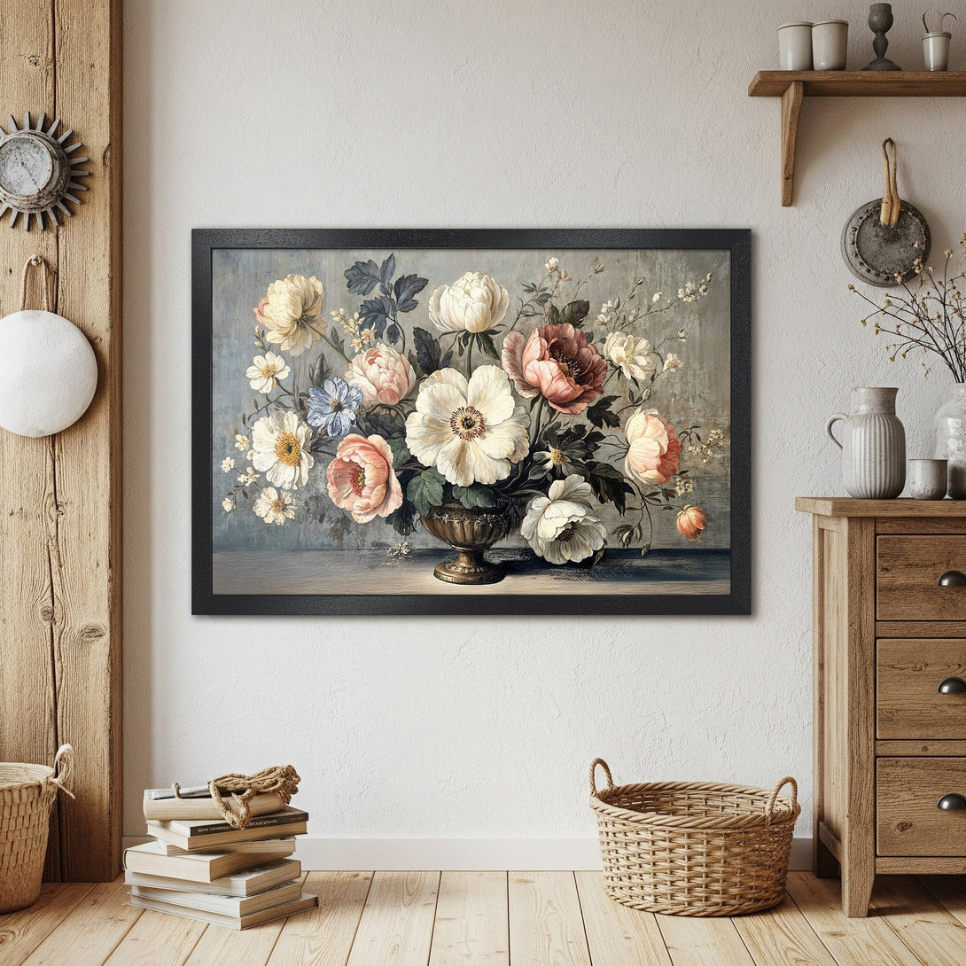 Framed Poster of floral still life in vintage style, featuring soft pinks, whites, and blues. Perfect wall art.