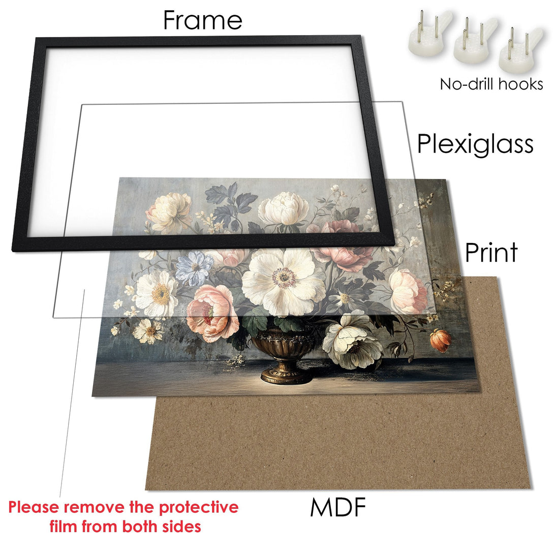 Framed Poster featuring a floral still life in a vintage style, with a muted color palette. Perfect wall art!
