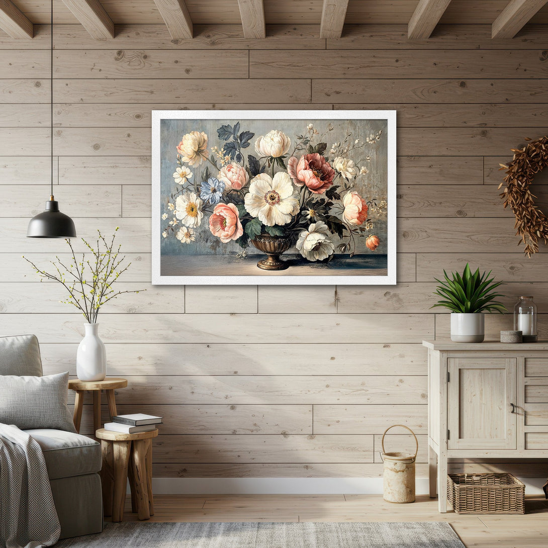 Framed Poster of floral still life art in a vintage style, featuring a warm color palette of pinks, creams, and blues.