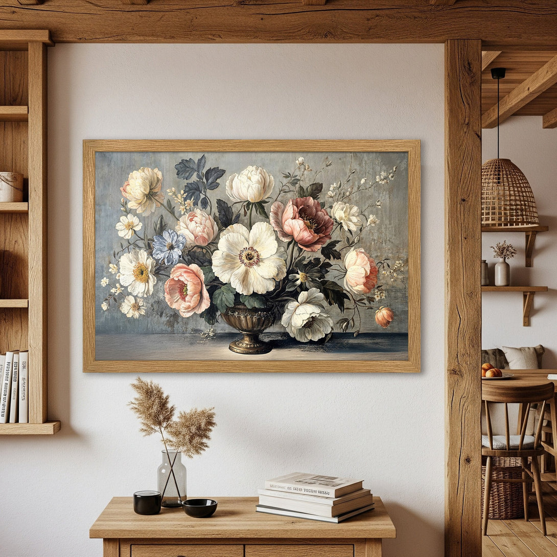 Framed Poster featuring a vintage floral still life painting in soft pastel tones. Perfect wall art for a touch of elegance!