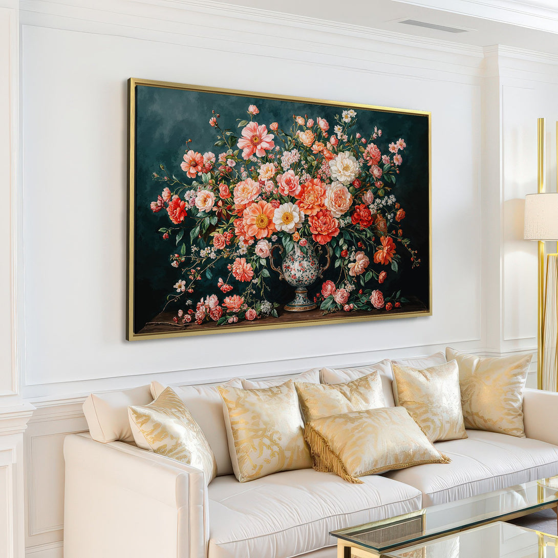 Canvas Print of a floral still life in a dark, moody style. Features a vibrant color palette of oranges, pinks, and greens. Perfect wall art!