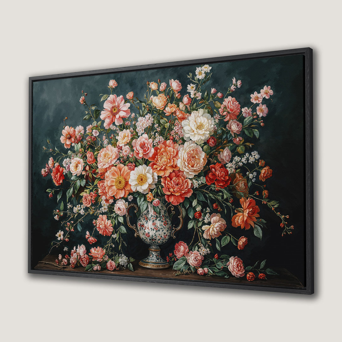 Framed Wall Art: Elegant floral still life Canvas Print with a dark, moody background and a warm, romantic color palette. Perfect for adding sophistication.