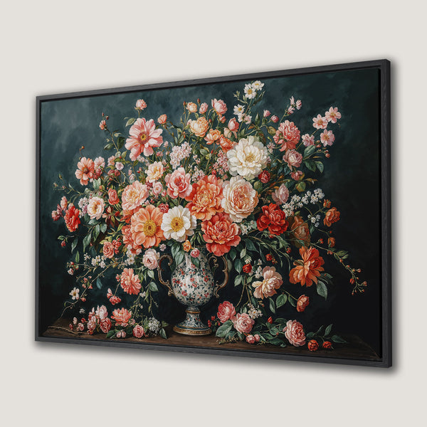 Framed Wall Art: Elegant floral still life Canvas Print with a dark, moody background and a warm, romantic color palette. Perfect for adding sophistication.