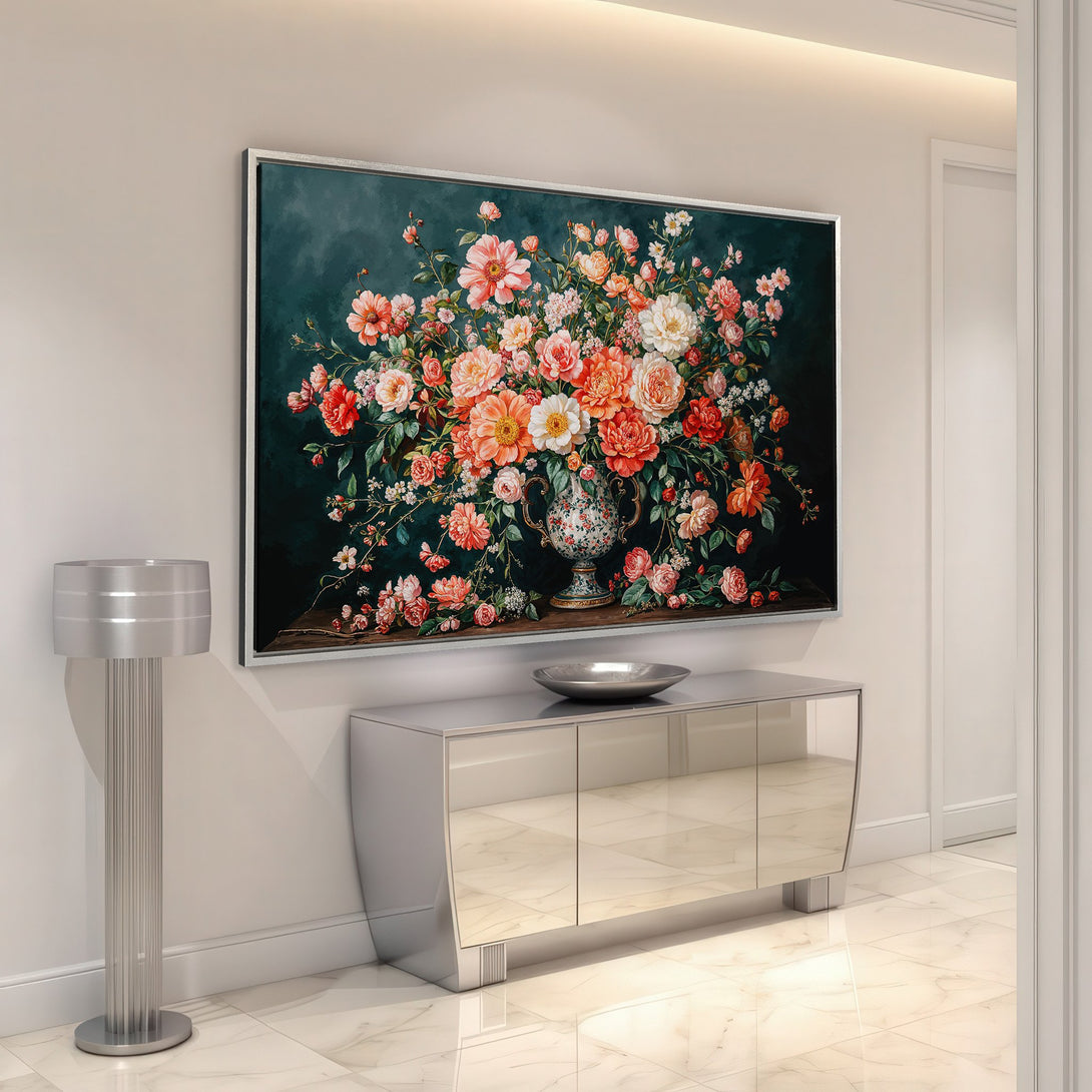 Framed Wall Art: Floral still life Canvas Print in rich jewel tones. Adds elegance to any space. Shop now for stunning home decor!