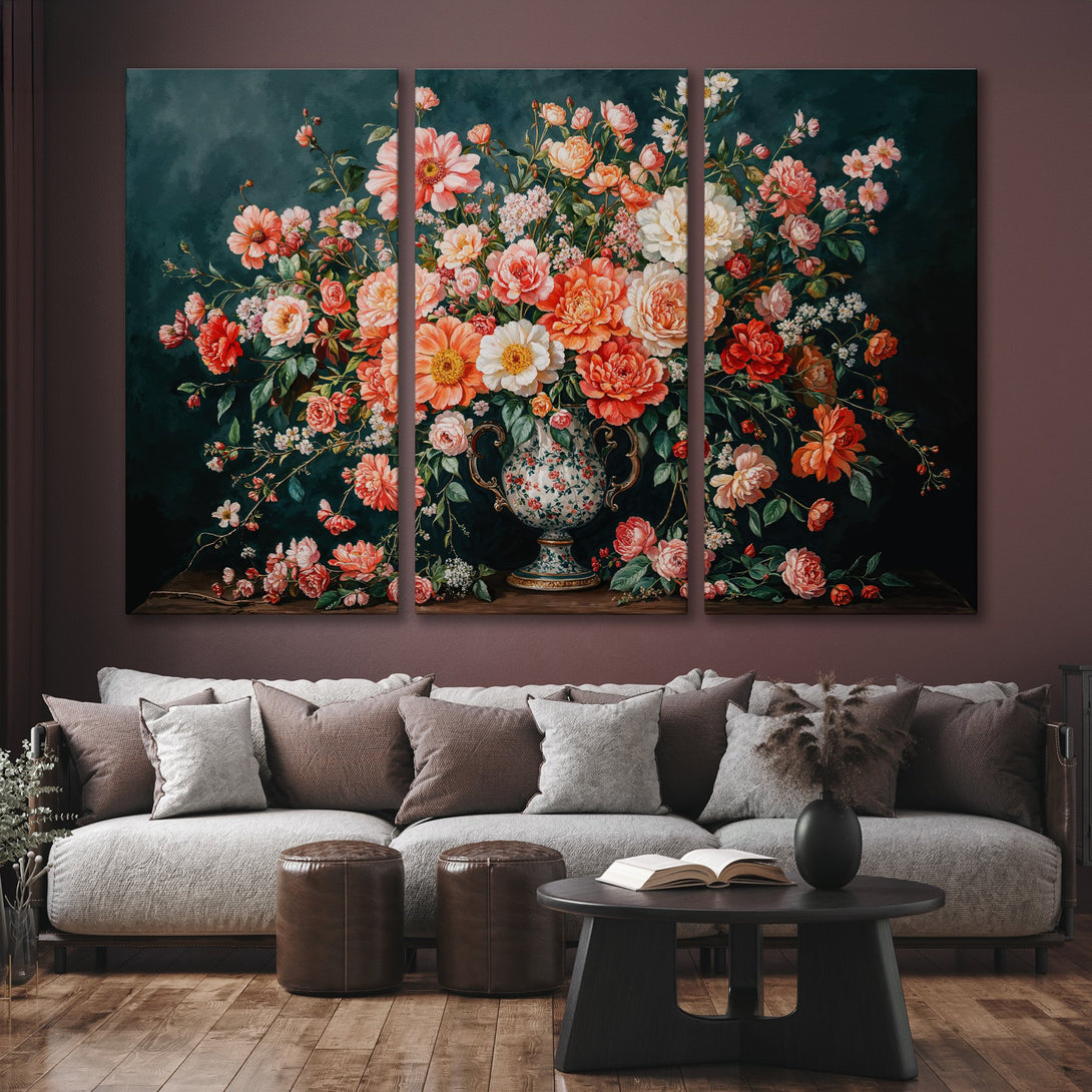 Canvas Print of vibrant floral arrangement in warm tones. Perfect wall art for a cozy living room.