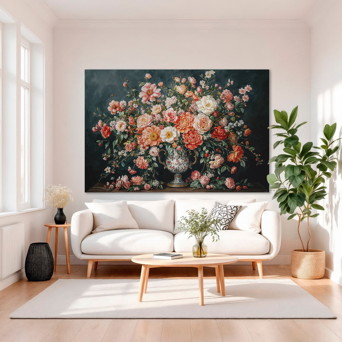 Framed Wall Art: Elegant floral still life canvas print with a dark teal background and warm red, orange, and peach blooms. Perfect for living rooms.
