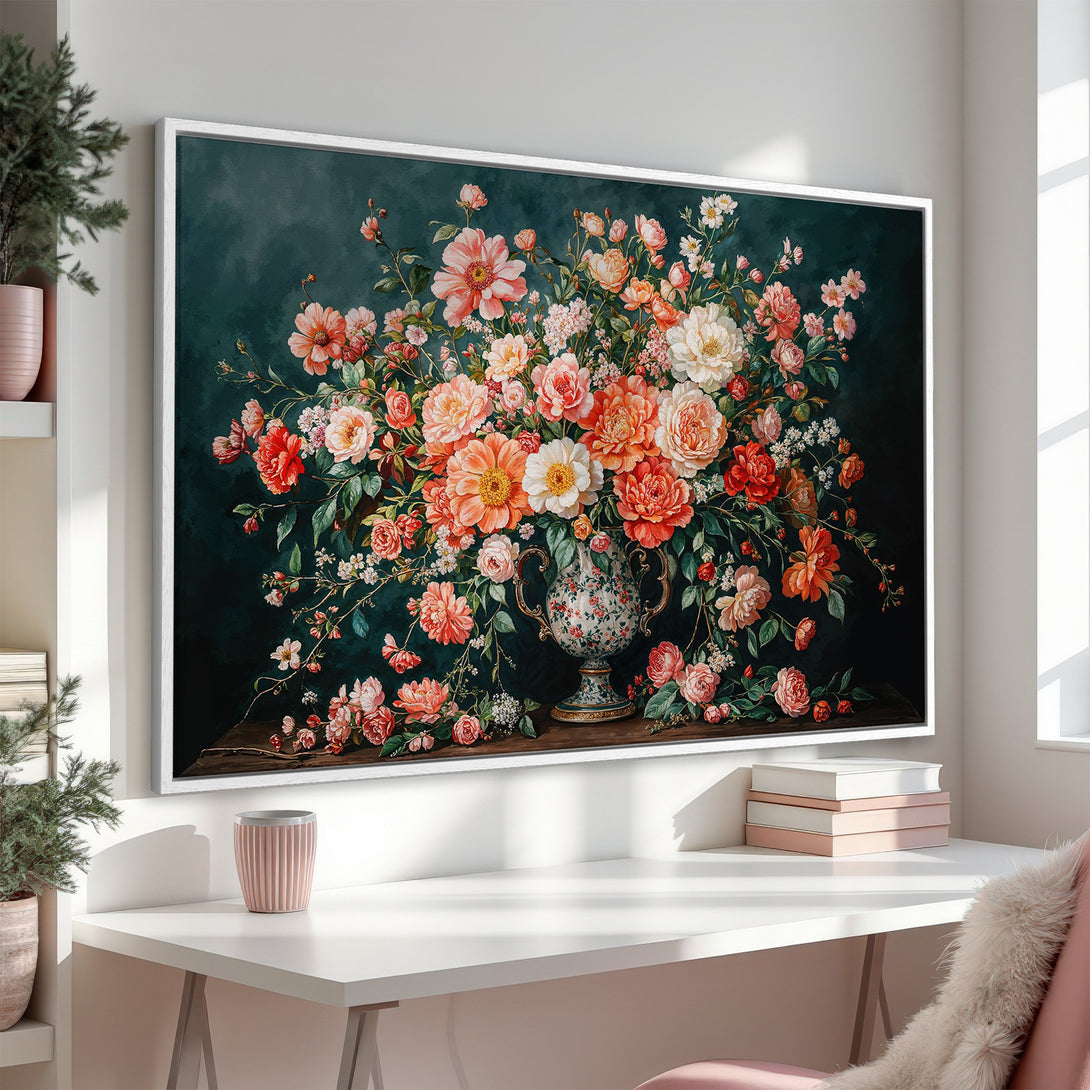 Framed Wall Art: Elegant floral still life canvas print featuring a vibrant bouquet in a dark, moody color palette with pops of peach and coral.