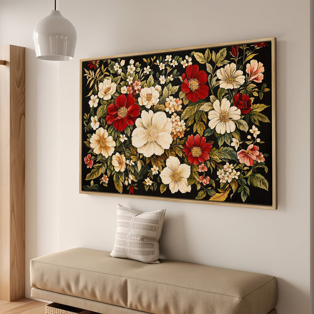 Framed Wall Art featuring vibrant floral design with red, white, and green blooms on a black background. Perfect for adding a touch of elegance to any space.