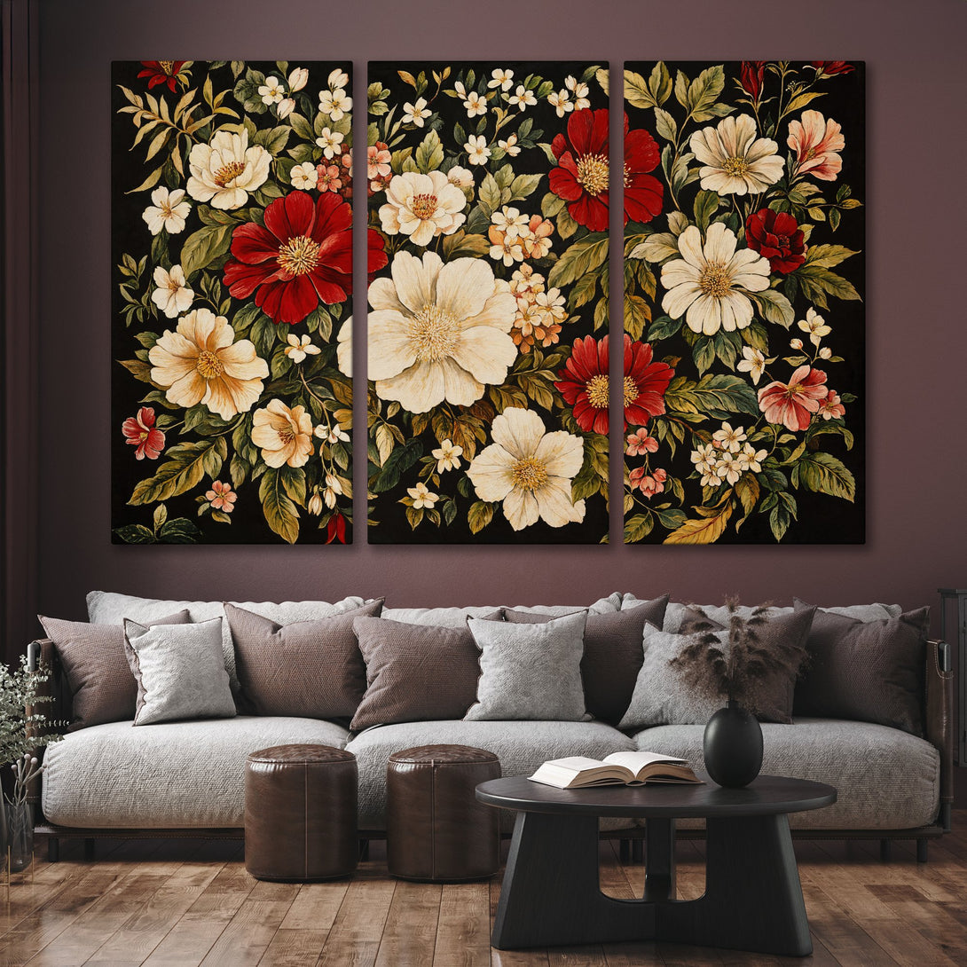 Canvas Print triptych featuring vibrant floral art in red, white, and green on a black background, perfect for living room decor.