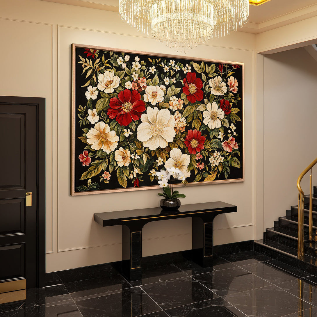 Framed Wall Art: Elegant floral Canvas Print in a luxurious interior. Featuring red, white, and green flowers on a black background. Elevate your home decor!