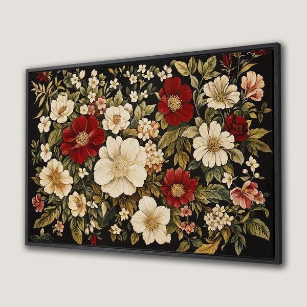 Framed Wall Art featuring a floral design in a vintage style with red, cream, and green hues on a black background. Perfect home decor.