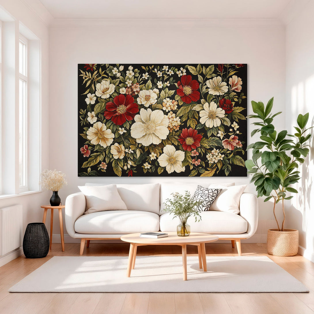 Framed Wall Art: Stunning floral canvas print with a black background, featuring red, cream, and green blooms. Perfect for adding elegance to any living space.