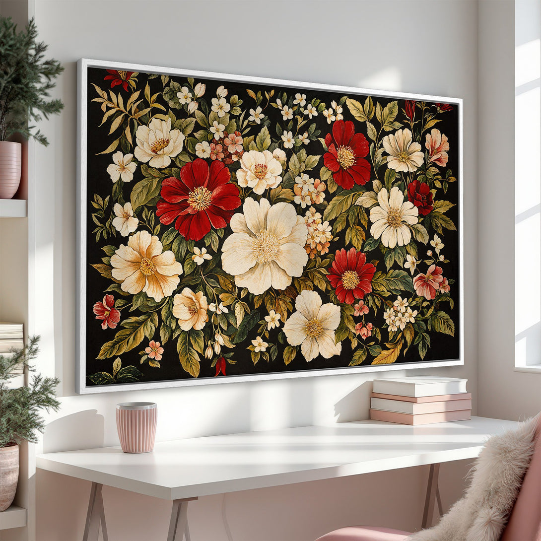 Framed Wall Art featuring a floral design with red, cream, and green blooms on a black background. Perfect for adding a touch of elegance to your space.