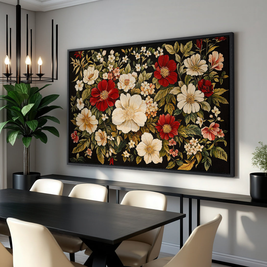 Framed Wall Art featuring a floral design with red and white flowers on a black background. Adds elegance to any interior.