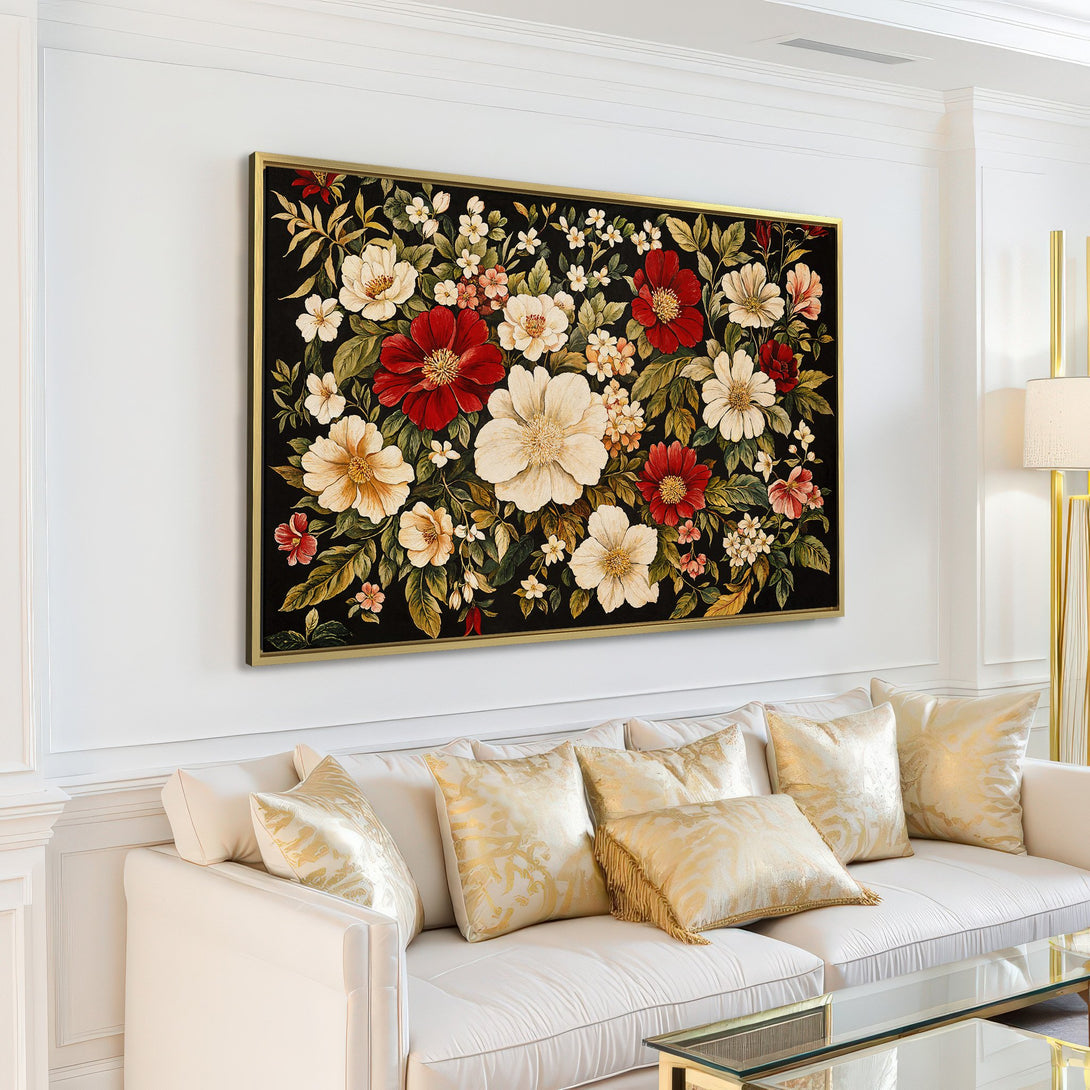 Canvas Print featuring a vibrant floral design with red, white, and green blooms on a black background. Adds a touch of elegance to any space.
