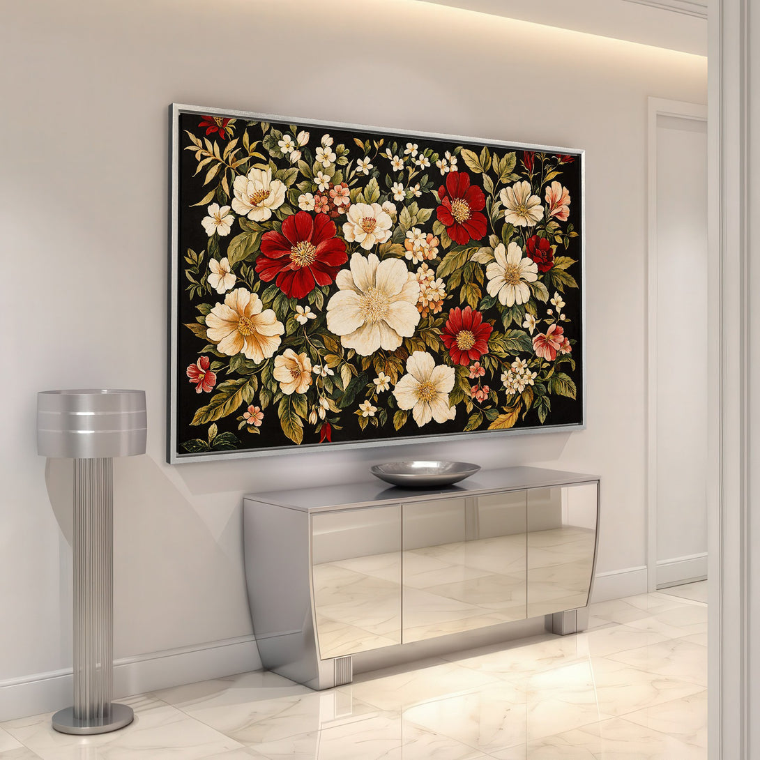 Framed Wall Art: Floral Canvas Print with red, white, and cream flowers on a black background. Perfect for adding a touch of elegance to your home decor.