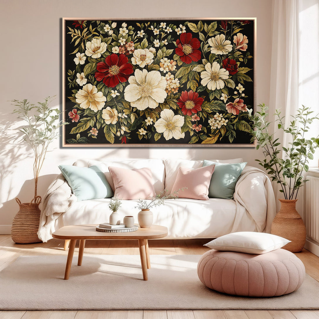 Framed Wall Art: Floral canvas print with red, cream, and green flowers on a black background. Adds a touch of elegance to any living space.