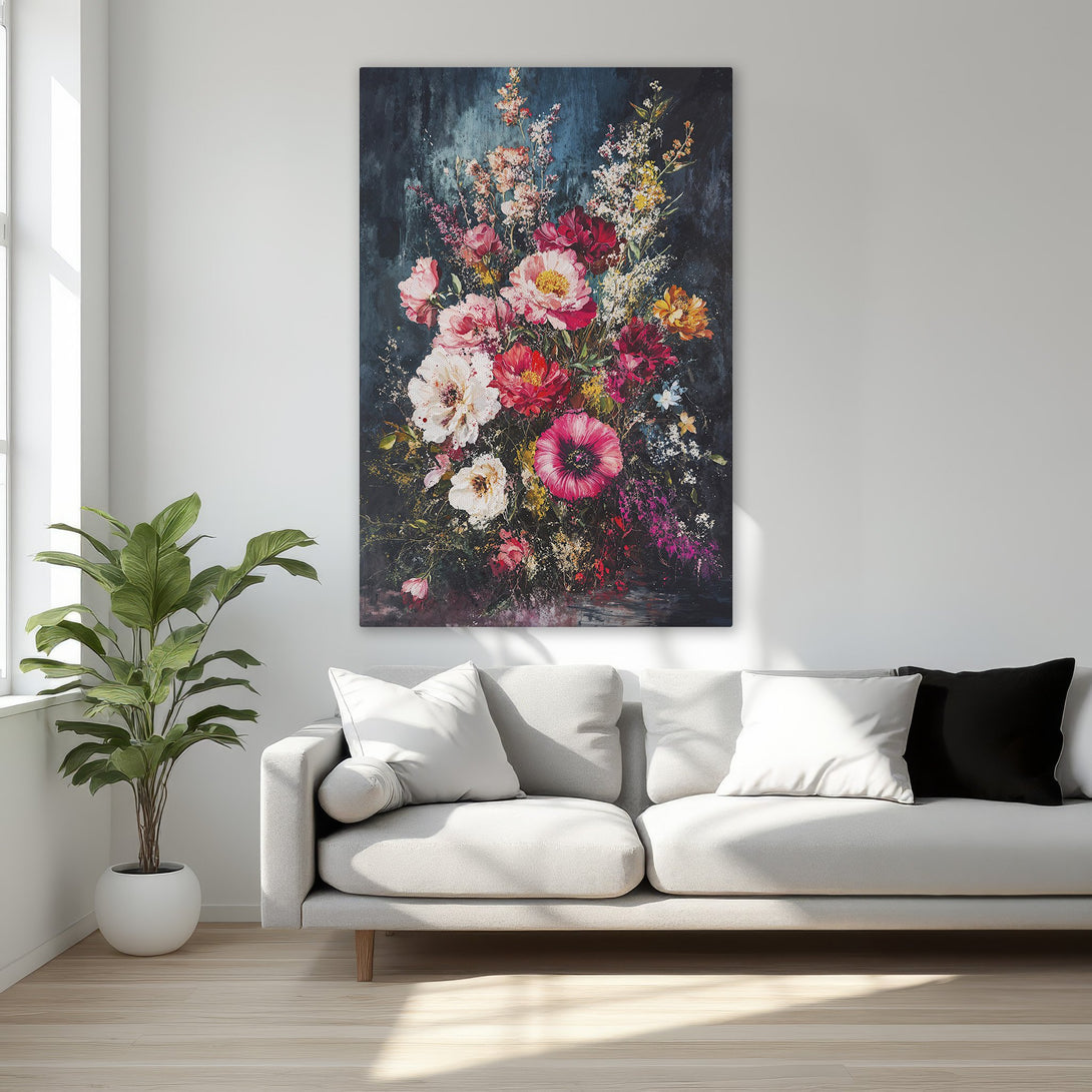 Framed Wall Art: Elegant floral Canvas Print with a dark, moody background. Features a vibrant color palette of reds, pinks, and whites in a luxurious bedroom setting.