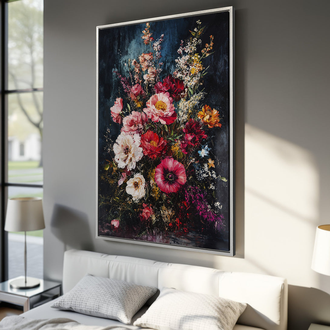 Framed Wall Art: Stunning floral Canvas Print in a modern interior. Features a vibrant bouquet with red, pink, and white blooms against a dark background. Perfect home decor!