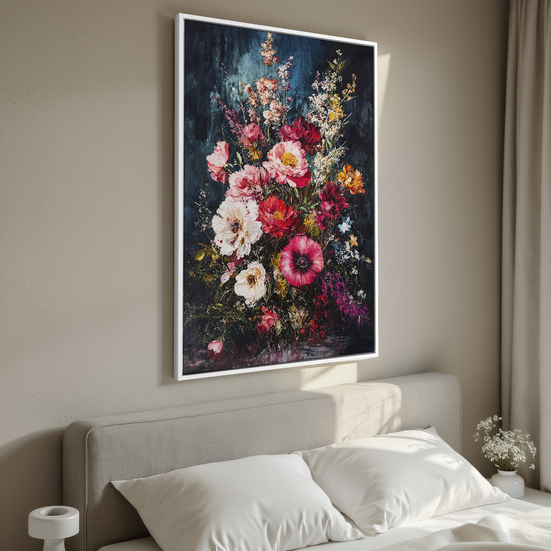 Framed Wall Art: Stunning floral canvas print with vibrant red, pink, and white blooms. Perfect bedroom wall decor, adding a touch of elegance and color.