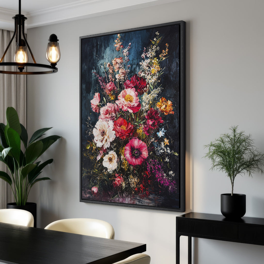 Framed Wall Art: Stunning floral canvas print with vibrant pink, red, and yellow blooms against a dark background. Perfect for adding elegance to any space.