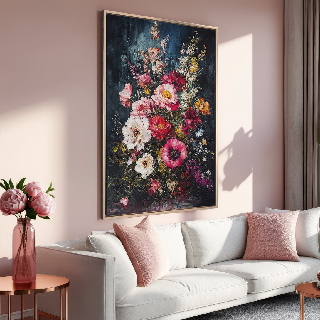 Framed Wall Art: Stunning floral canvas print with a moody, dark background. Features a vibrant bouquet in a pink and red color palette, perfect for any space.