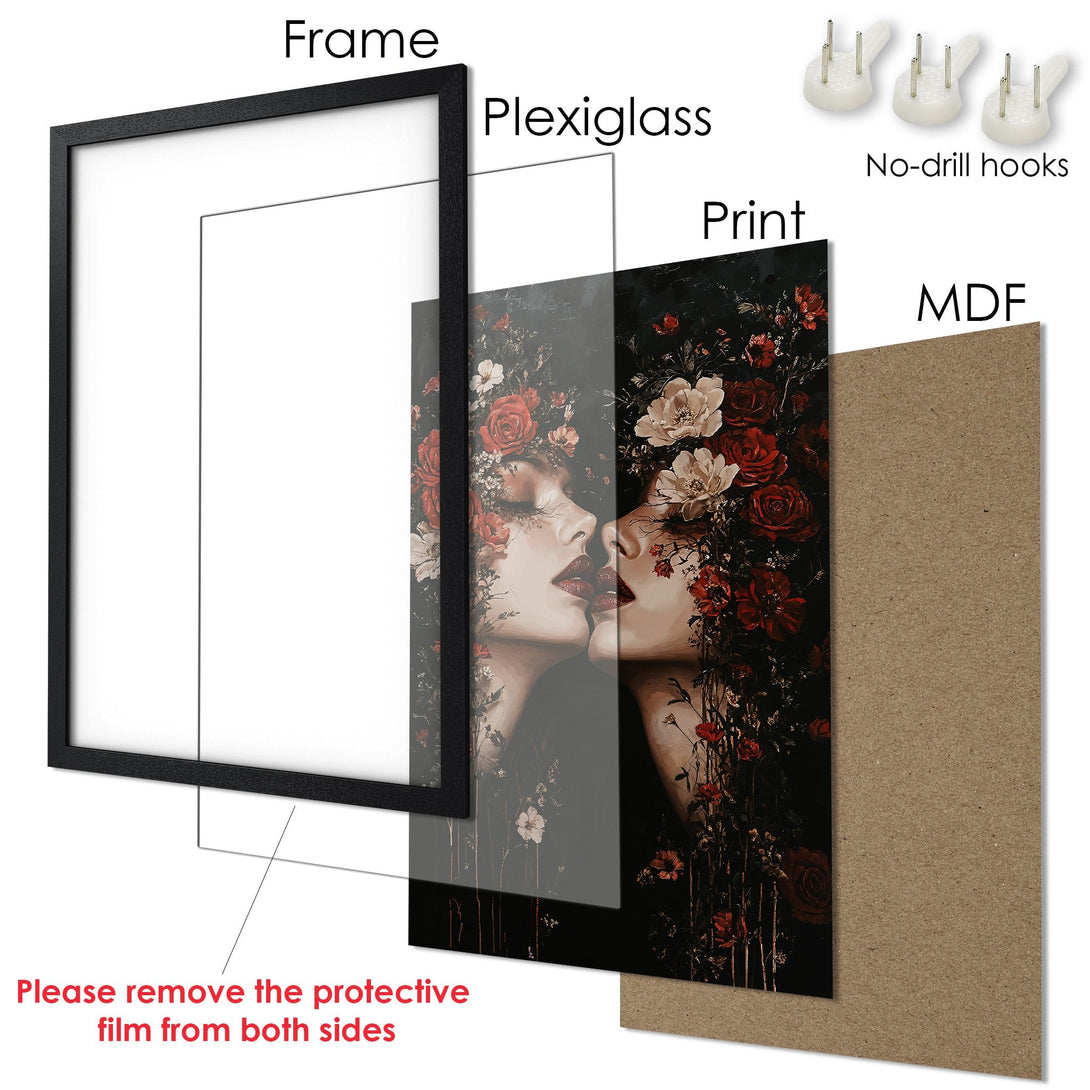 Framed Poster featuring a woman with red flowers, a grayscale and red color palette, perfect for wall decor.