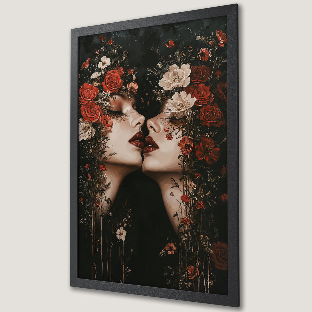 Framed Poster featuring a woman with red flowers, in a grayscale and red color palette, artistic style. Perfect wall art for your home.