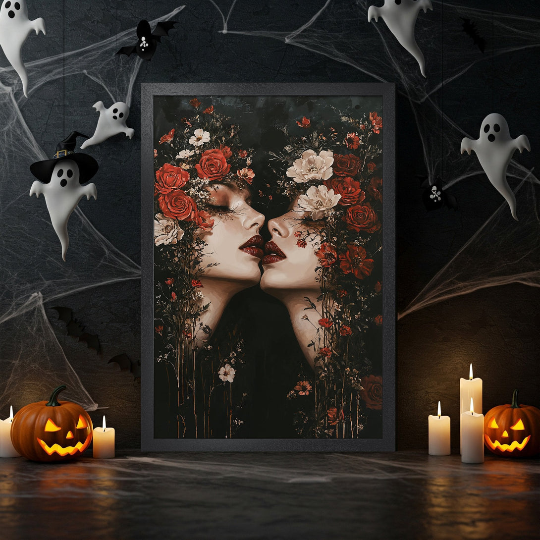 Framed Poster featuring a gothic portrait with red flowers, grayscale style, dark color palette. Perfect Halloween decor!