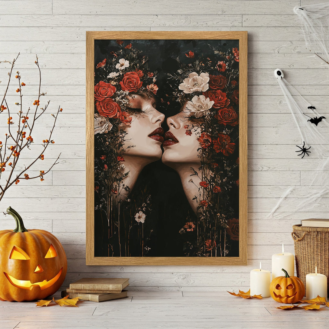 Framed Poster featuring two women with red flowers, in a grayscale and red palette. Perfect art for your home decor!