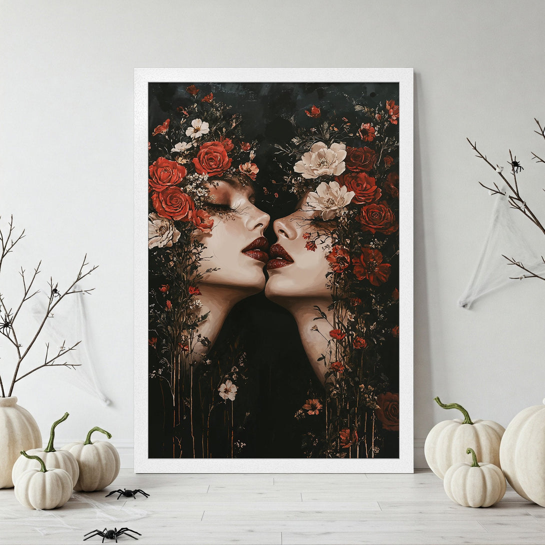 Framed Poster featuring two women with red floral crowns, gothic style, black, white, and red color palette, perfect wall art.