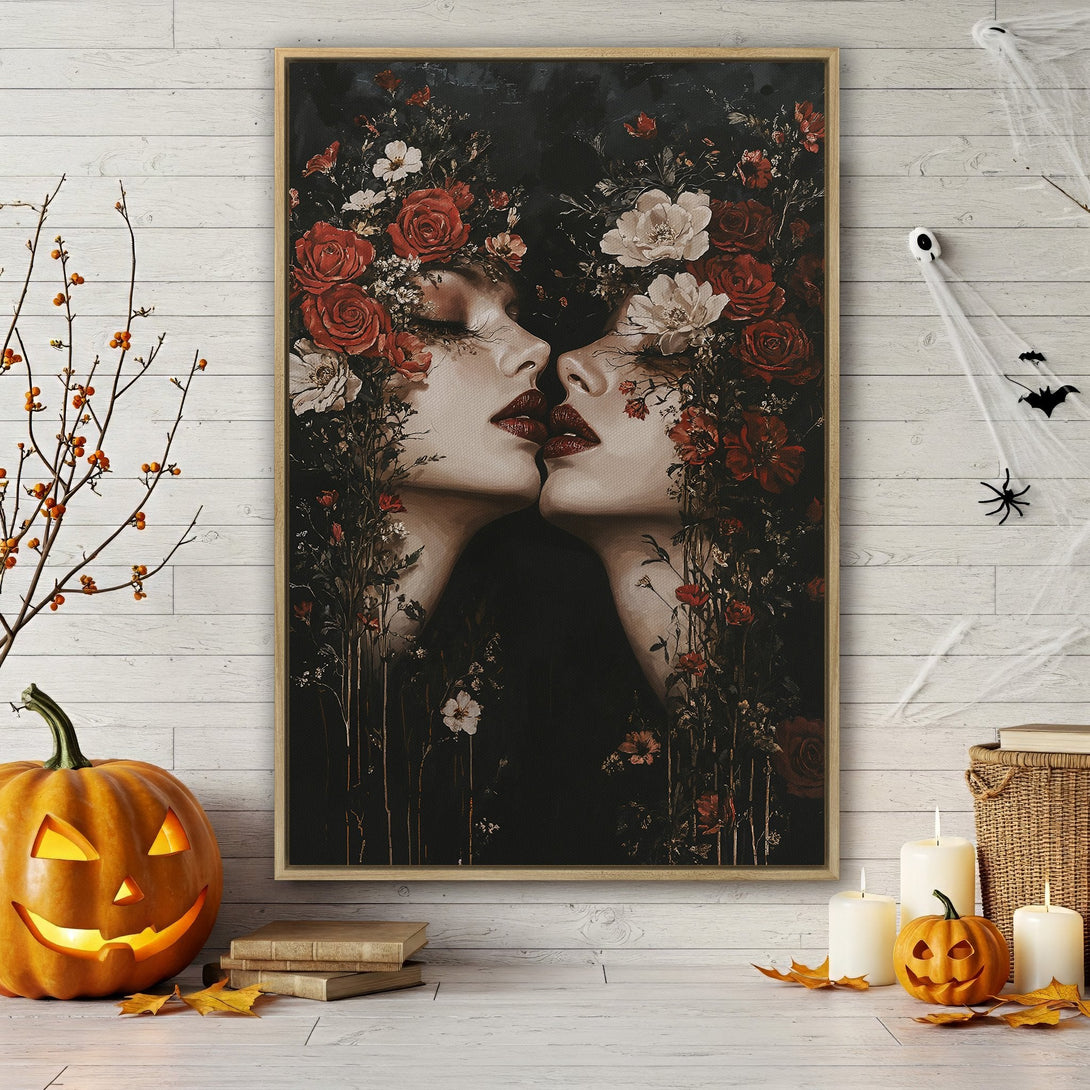 Framed Wall Art: Dramatic portrait of two women with red floral accents. Black, white, and red color palette. Perfect for adding gothic flair to your space.
