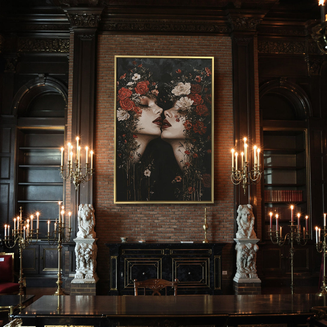 Canvas Print featuring a gothic-style portrait of women with red floral crowns, in a black, white, and red color palette. Perfect for Halloween decor.