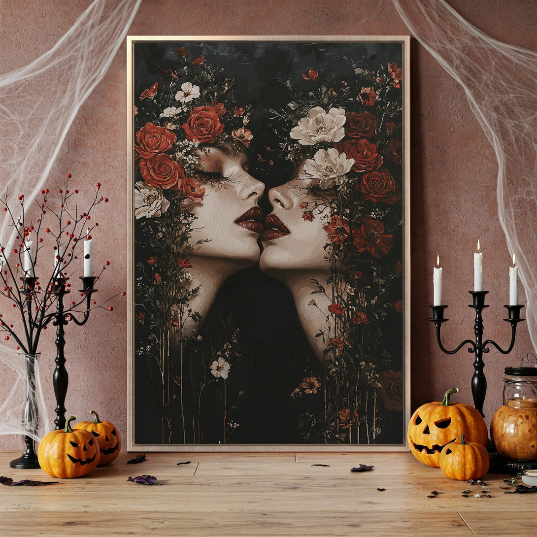 Framed Wall Art: Gothic portrait of two women with red flowers, dramatic black and white art. Perfect for Halloween decor!