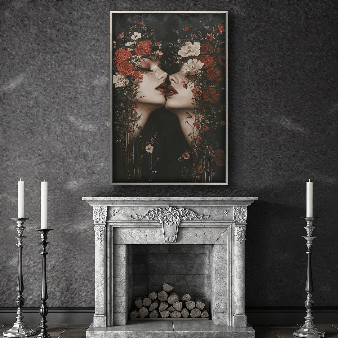 Framed Wall Art featuring two women with red flower crowns in a grayscale palette. Dramatic gothic style canvas print to elevate your space.