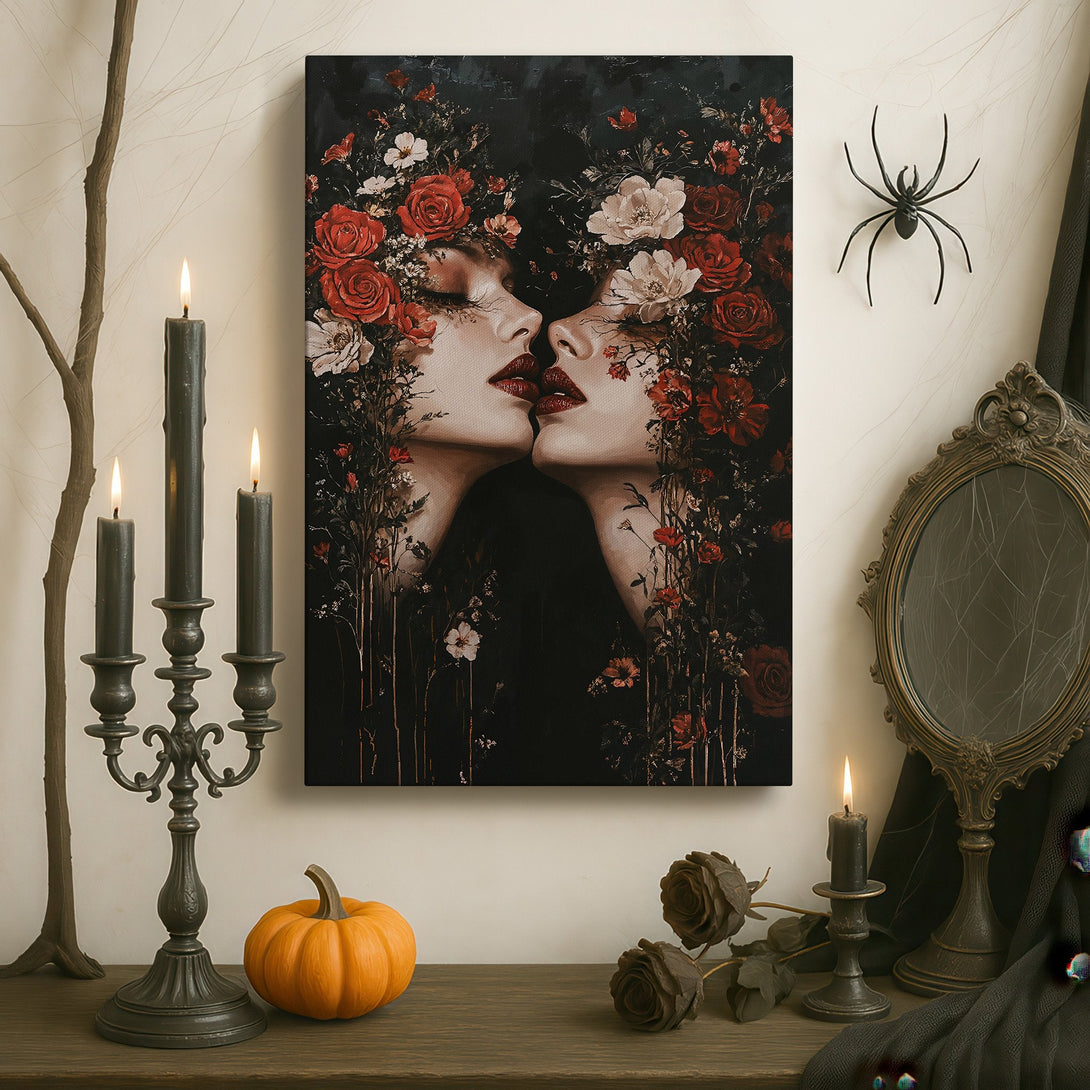 Framed Wall Art of two women with red flowers, black and white portrait, elegant interior decor, modern art, canvas print.