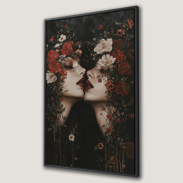 Framed Wall Art: Elegant portrait of two women with red floral accents, in a black and white color palette. Perfect for modern home decor.