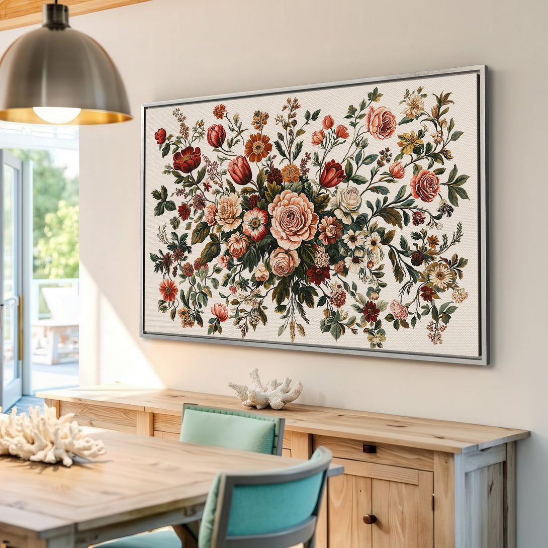 Framed Wall Art: Vintage floral canvas print in warm tones. Adds a touch of elegance to any space. Perfect for living rooms and bedrooms.