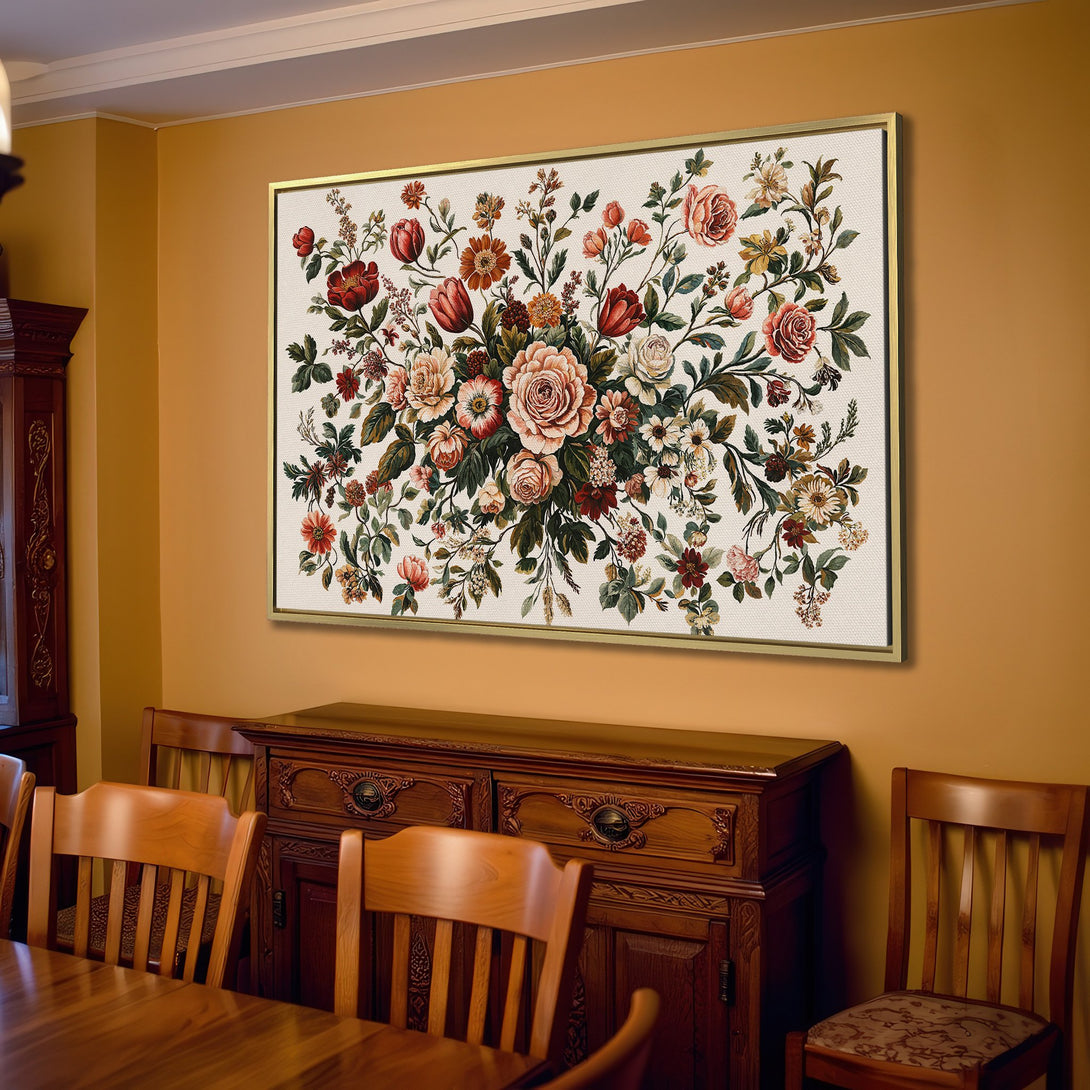 Canvas Print: Vintage floral art in warm tones. Adds elegance to any living room. Rustic style with a cream, burgundy, and green color palette.