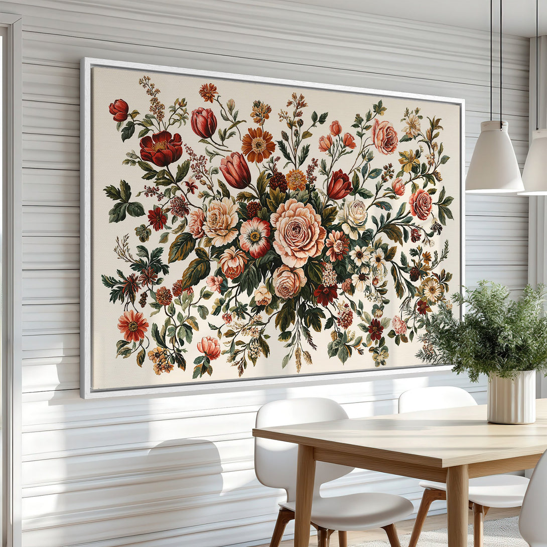Framed Wall Art featuring a vintage floral design in a warm color palette of reds, oranges, and greens, perfect for adding a touch of elegance.
