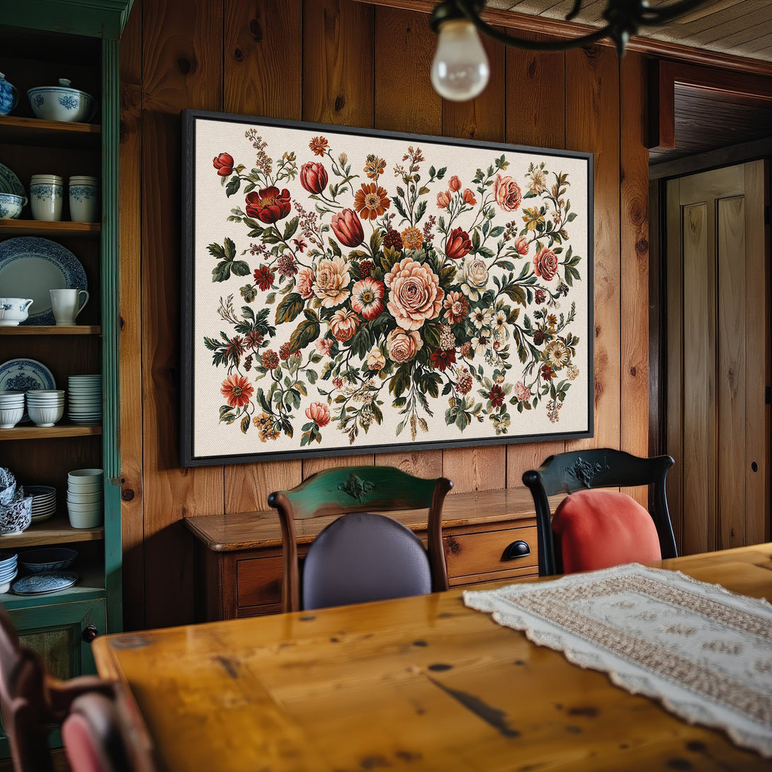 Framed Wall Art: Vintage floral Canvas Print in warm, earthy tones. Perfect for adding a touch of rustic elegance to your dining room. Shop now!