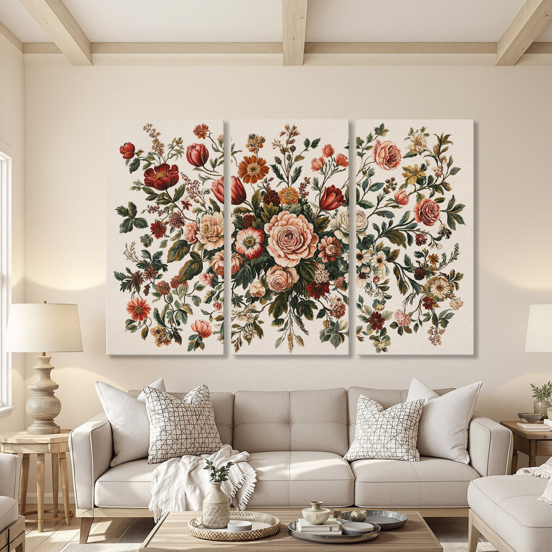 Canvas Print of floral art in a vintage style, featuring a warm color palette with reds, pinks, and greens, perfect for living room decor.