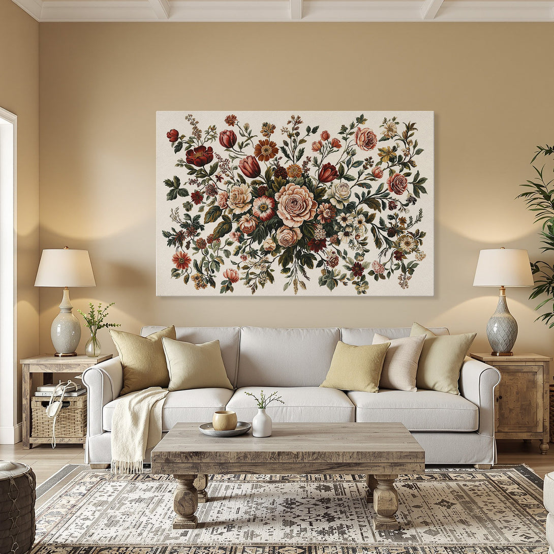 Framed Wall Art: Elegant floral Canvas Print in warm tones. Featuring roses, tulips, and lush greenery, perfect for adding a touch of vintage charm to your space.