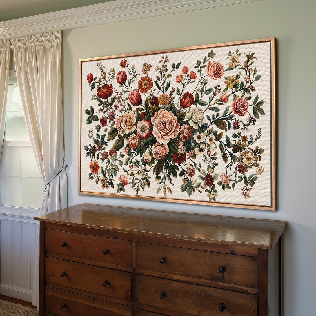 Framed Wall Art: Vintage floral Canvas Print with warm red, orange, and green tones. Adds a touch of elegance to any room. Shop now!